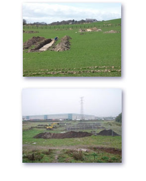 Evaluation trenching over a large site in County Durham (top). A large-scale evaluation trenching project on the outskirts of Newcastle under Lyme (bottom).
