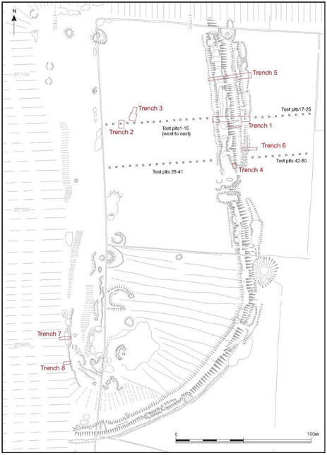 Fin Cop earthwork survey showing the location of the excavation trenches