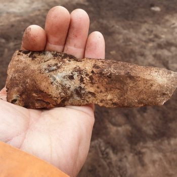 An Early Mesolithic flint flaked axe head recovered from the edge of wetland 2.